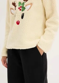 bonprix Wäsche·Homewear|Wäsche·Nachtwäsche^Loungewear Teddy Hausanzug mit Fleecehose naturbeige/schwarz bestickt