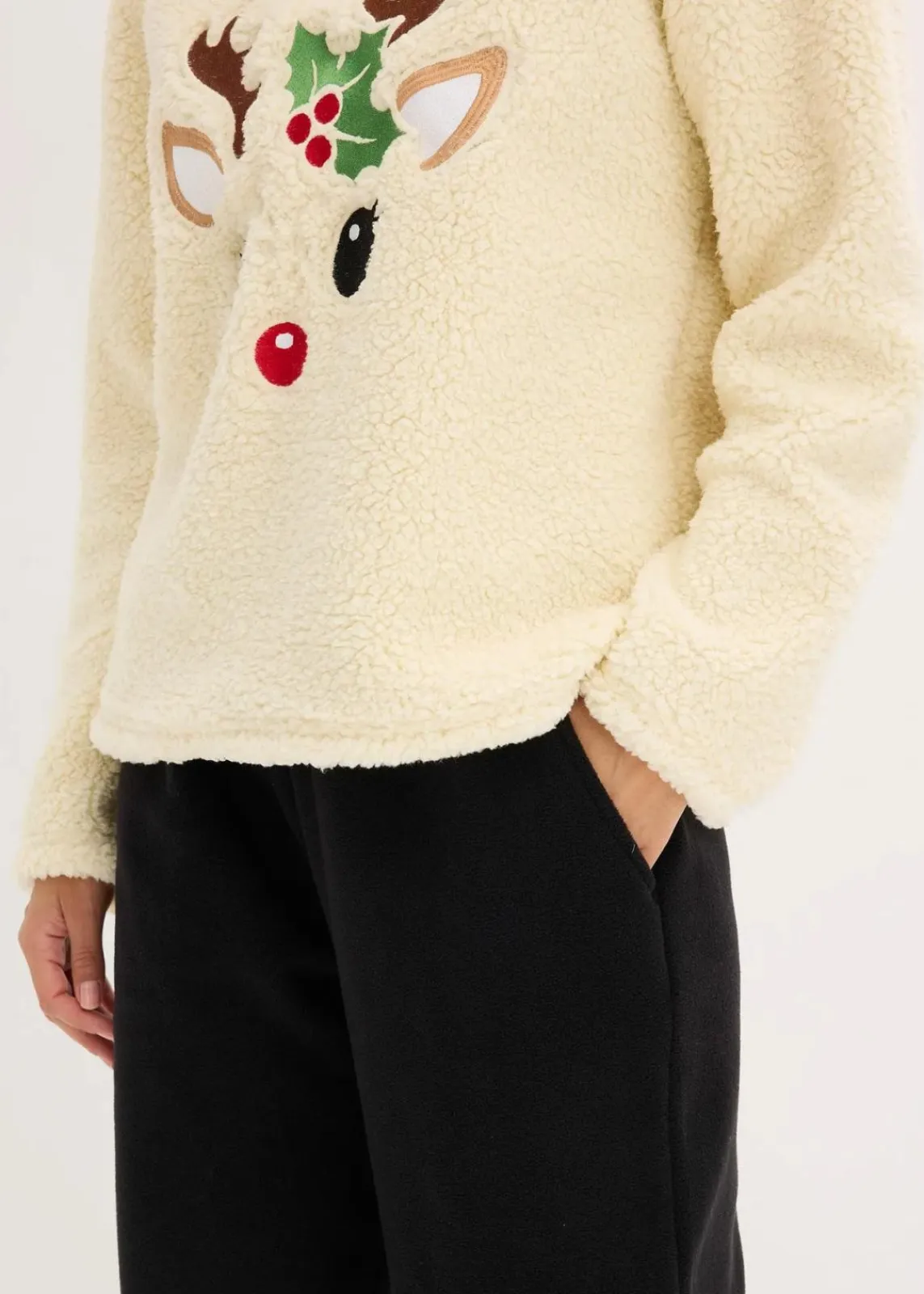 bonprix Wäsche·Homewear|Wäsche·Nachtwäsche^Loungewear Teddy Hausanzug mit Fleecehose naturbeige/schwarz bestickt