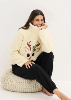 bonprix Wäsche·Homewear|Wäsche·Nachtwäsche^Loungewear Teddy Hausanzug mit Fleecehose naturbeige/schwarz bestickt