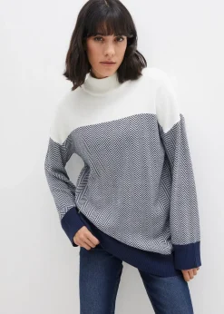 bonprix Bekleidung·Umstandsmode|Bekleidung·Jeans^Lässiger Longpullover wollweiß/dunkelblau graphisch