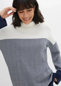 bonprix Bekleidung·Umstandsmode|Bekleidung·Jeans^Lässiger Longpullover wollweiß/dunkelblau graphisch