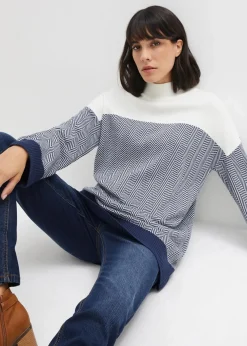 bonprix Bekleidung·Umstandsmode|Bekleidung·Jeans^Lässiger Longpullover wollweiß/dunkelblau graphisch
