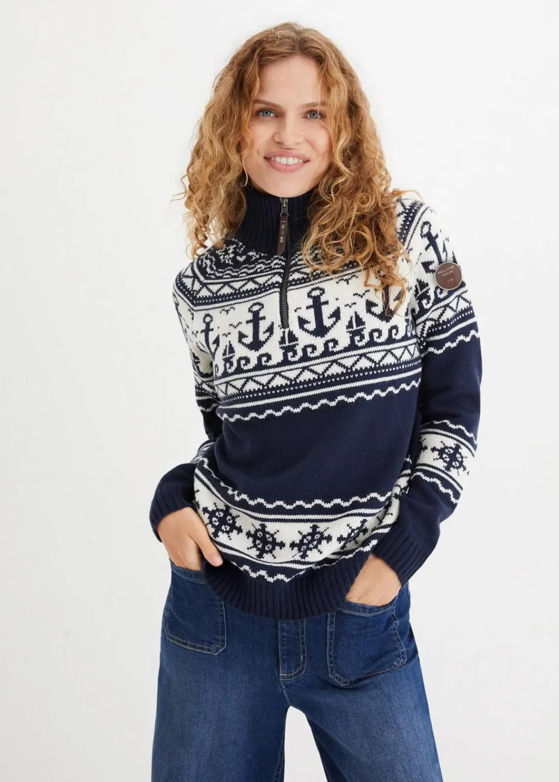 bonprix Bekleidung·Umstandsmode|Bekleidung·Jeans^Maritimer Norweger-Pullover dunkelblau/wollweiß norwegermuster