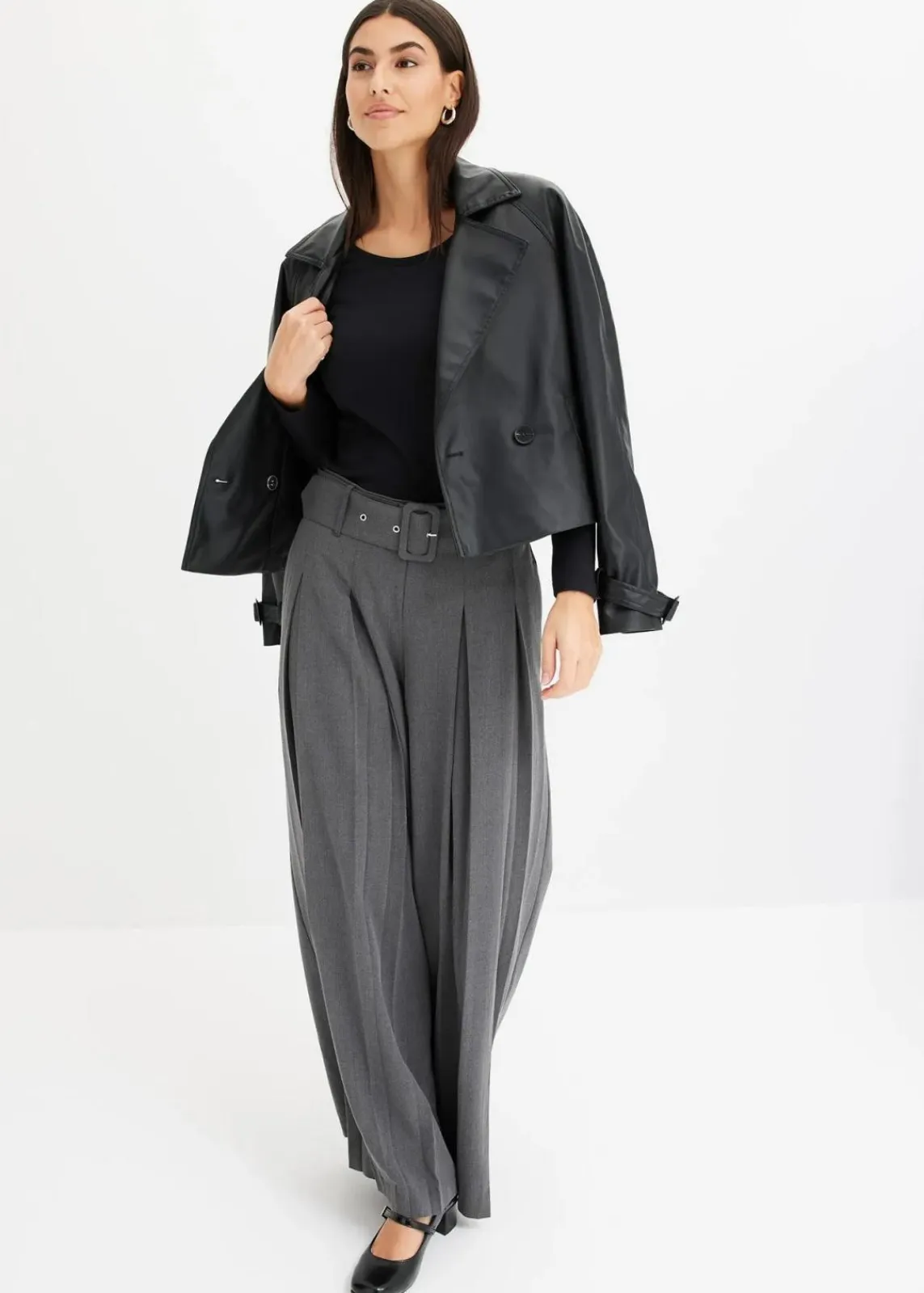 bonprix Kurzgrößen|Bekleidung·Kleider^Marlenehose aus fließendem Viskose-Mix anthrazit meliert