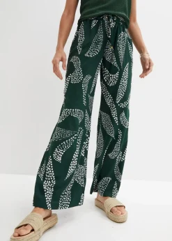 bonprix Bekleidung·Kleider|Hosen^Marlenehose aus fließender Viskose dunkelgrün/wollweiß bedruckt