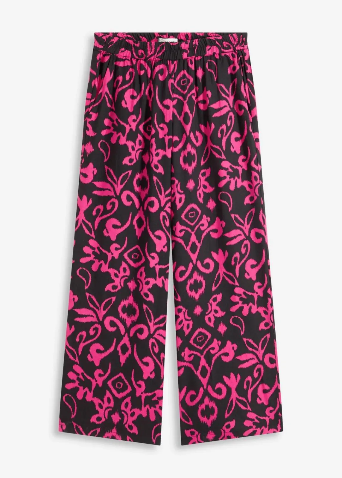 bonprix Hosen|Kurzgrößen^Marlenehose aus fließender Viskose schwarz/pink bedruckt