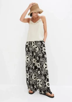 bonprix Bekleidung·Kleider|Hosen^Marlenehose aus fließender Viskose schwarz/kieselbeige bedruckt
