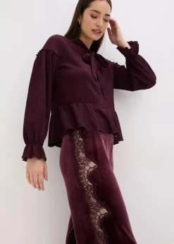 bonprix Hosen|Bekleidung·Kleider^Marlenehose aus softem Samt mit Spitzeneinsatz weinrot