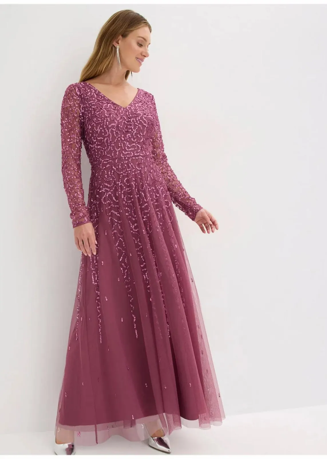 bonprix Bekleidung·Pullover & Strickjacken|Festliche Mode^Maxi- oder Abendkleid mit Pailletten dunkelrose