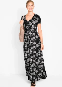 bonprix Bekleidung·Pullover & Strickjacken|Kleider^Maxi- Shirt- Kleid, kurzarm schwarz geblümt