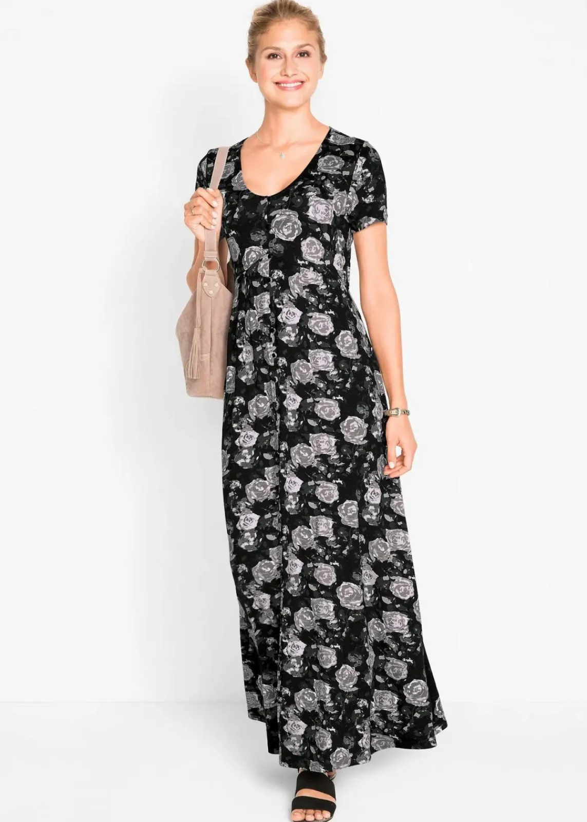 bonprix Bekleidung·Pullover & Strickjacken|Kleider^Maxi- Shirt- Kleid, kurzarm schwarz geblümt