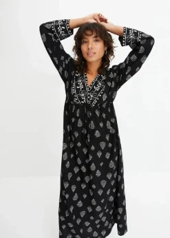 bonprix Kleider|Nachhaltigere Materialien^Maxi Webkleid aus Viskose schwarz/kieselbeige bedruckt