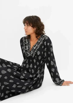 bonprix Kleider|Nachhaltigere Materialien^Maxi Webkleid aus Viskose schwarz/kieselbeige bedruckt