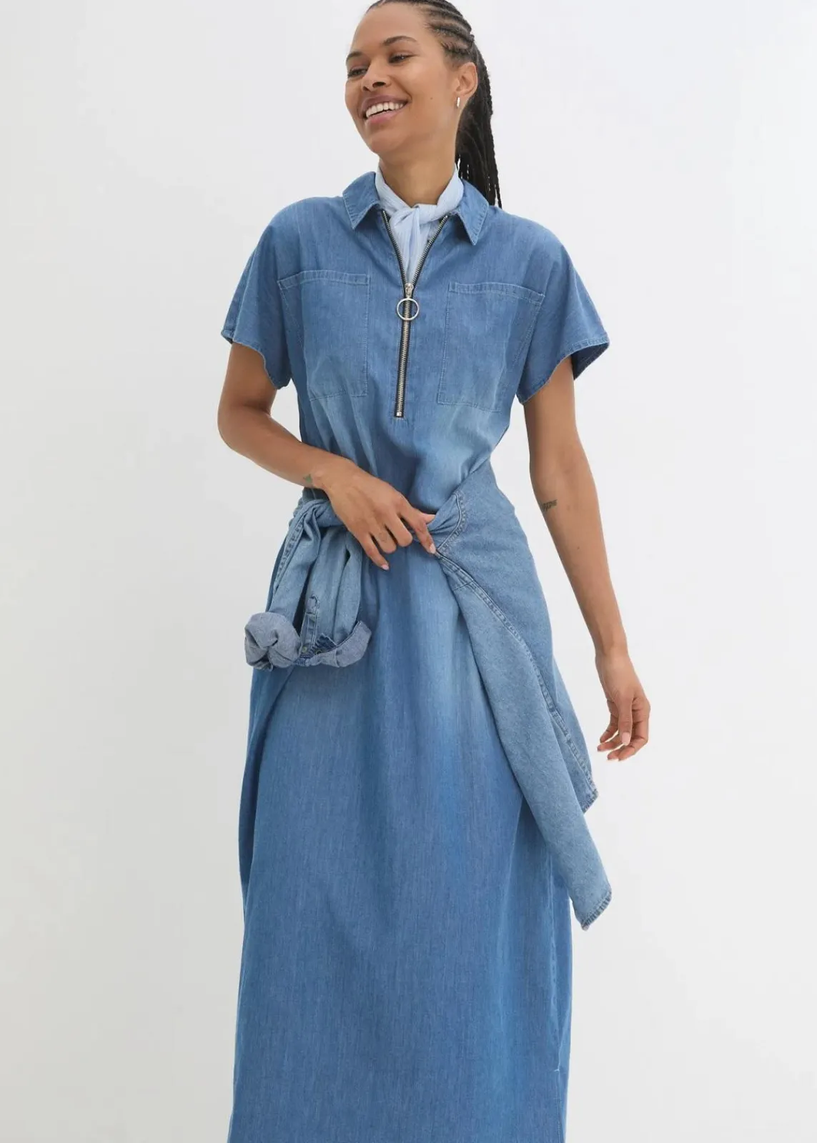 bonprix Bekleidung·Pullover & Strickjacken|Kleider^Maxi-Jeanskleid blau denim used