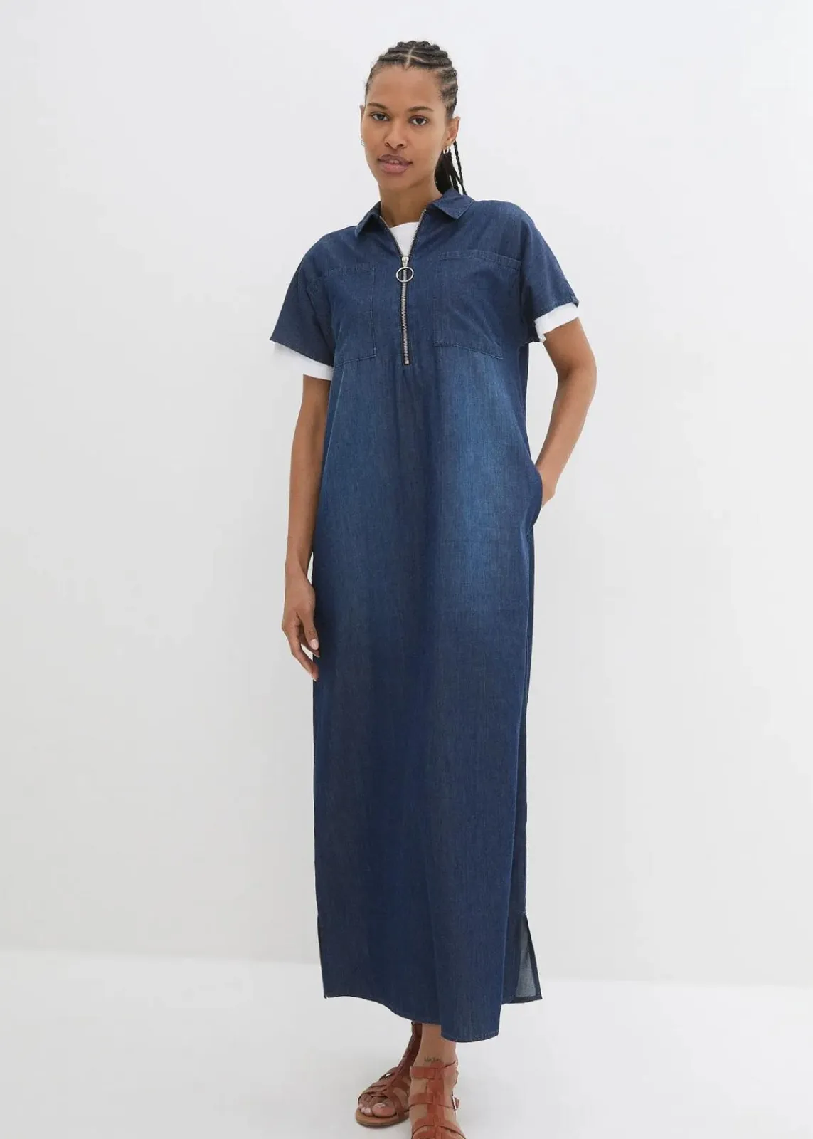 bonprix Kleider|Bekleidung·Pullover & Strickjacken^Maxi-Jeanskleid dunkelblau denim used
