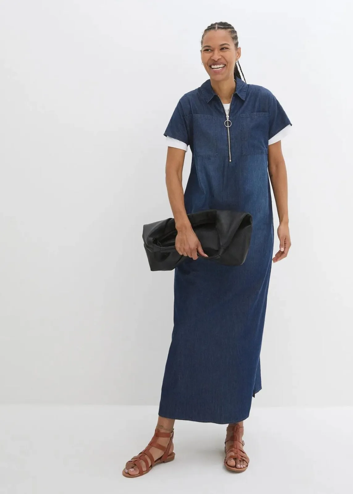 bonprix Kleider|Bekleidung·Pullover & Strickjacken^Maxi-Jeanskleid dunkelblau denim used