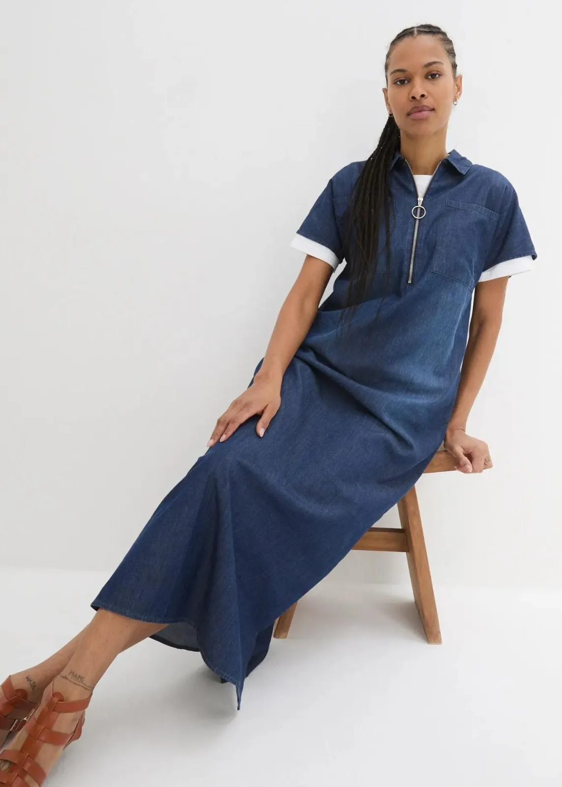 bonprix Kleider|Bekleidung·Pullover & Strickjacken^Maxi-Jeanskleid dunkelblau denim used