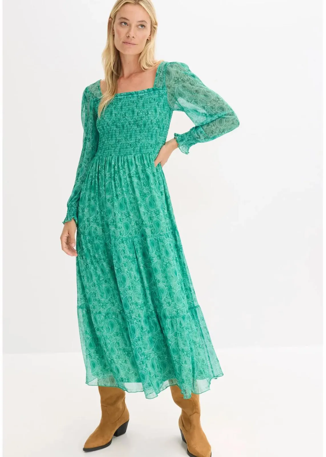 bonprix Kurzgrößen|Bekleidung·Pullover & Strickjacken^Maxi-Jerseykleid flaschengrün paisley