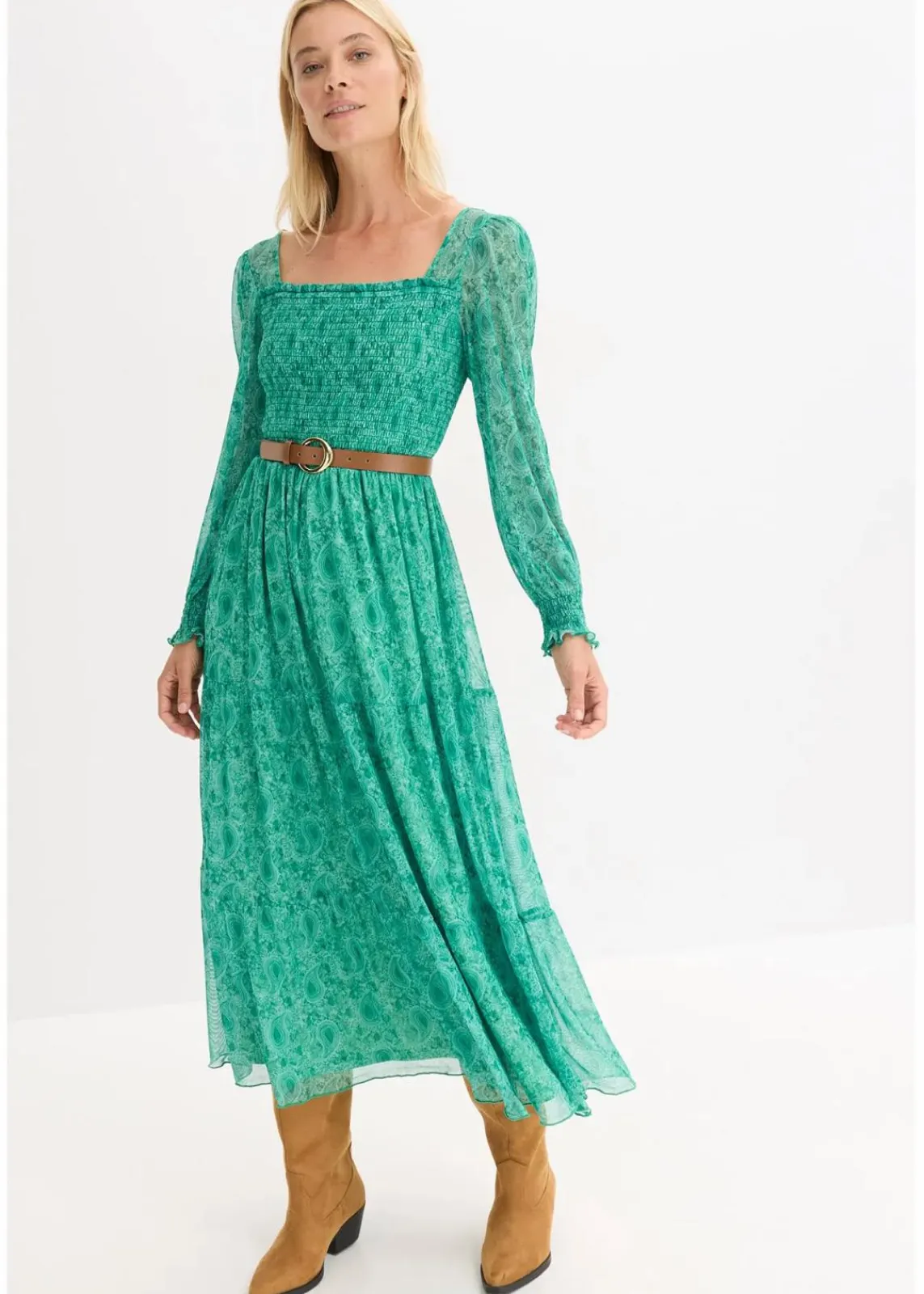 bonprix Kurzgrößen|Bekleidung·Pullover & Strickjacken^Maxi-Jerseykleid flaschengrün paisley