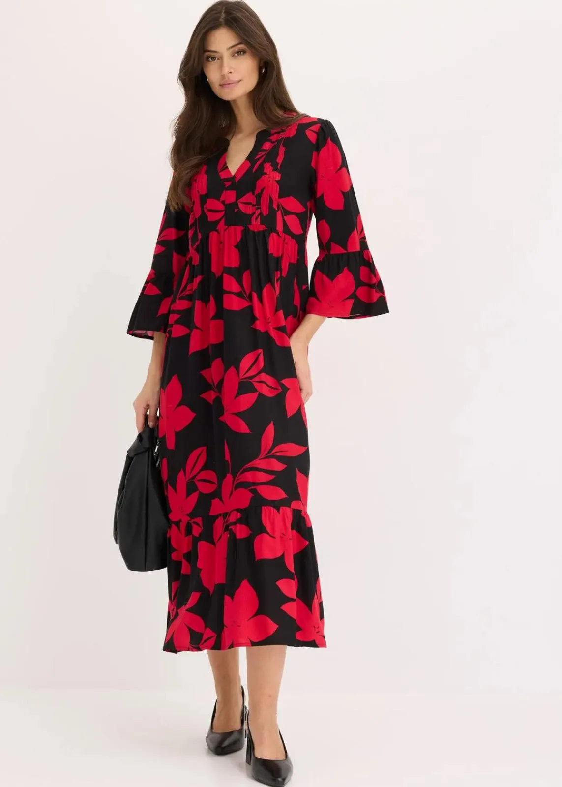 bonprix Nachhaltigere Materialien|Kleider^Maxikleid schwarz/magentapink geblümt