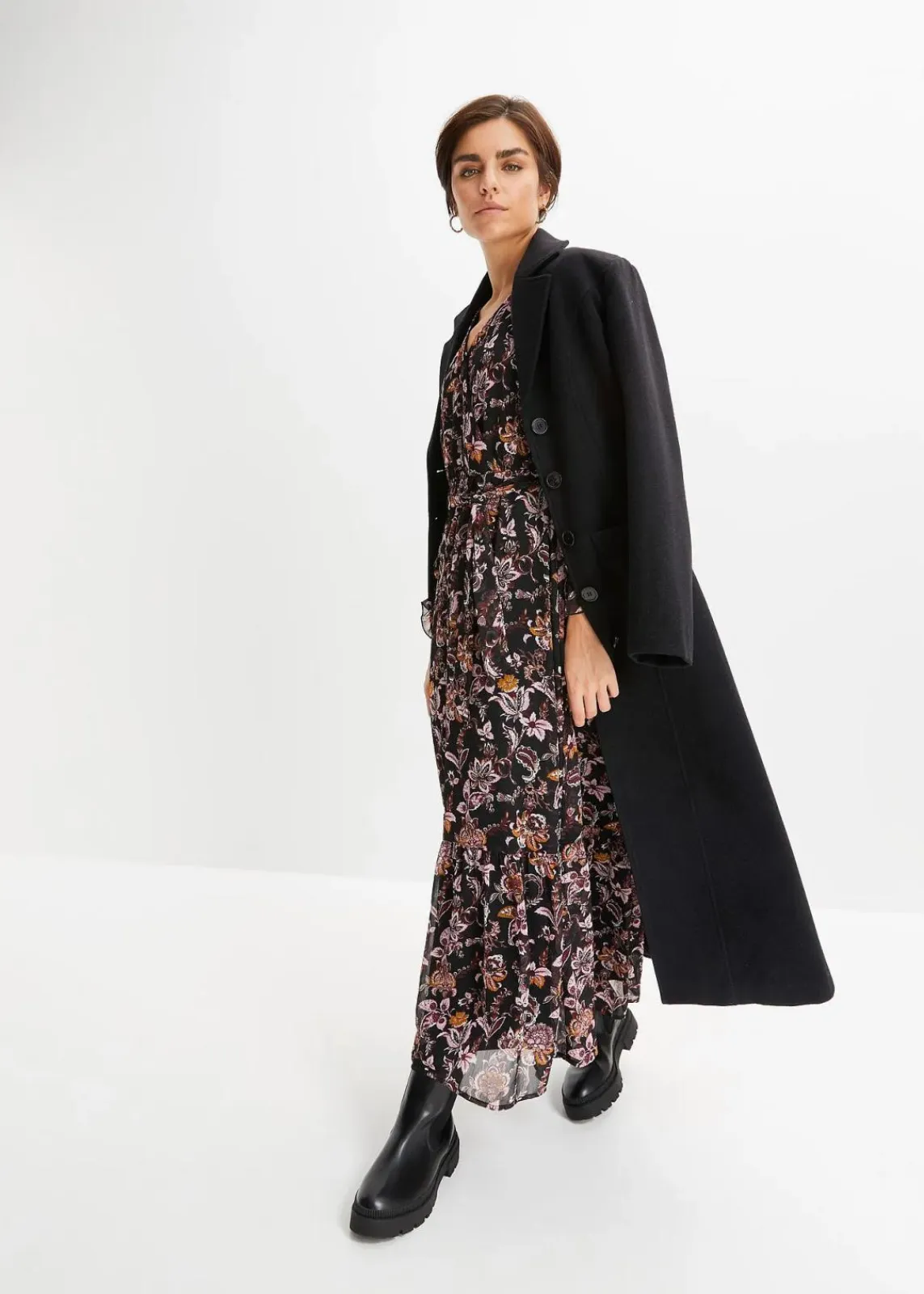 bonprix Kleider|Bekleidung·Pullover & Strickjacken^Maxikleid schwarz floral
