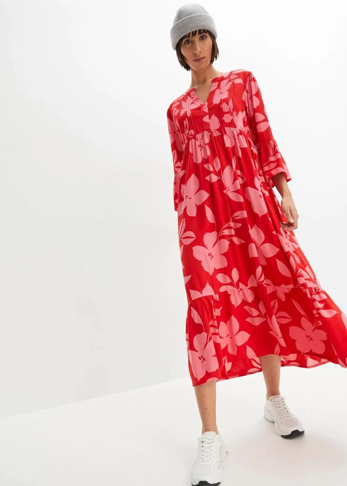 bonprix Bekleidung·Pullover & Strickjacken|Kleider^Maxikleid erdbeere/lotuspink geblümt