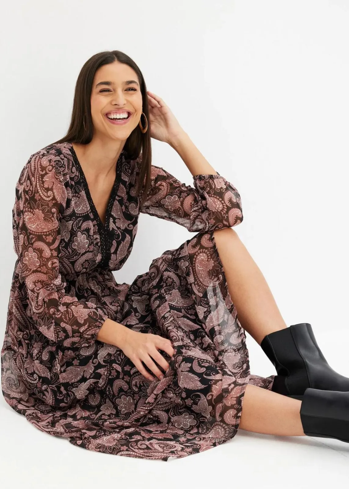 bonprix Kleider|Bekleidung·Pullover & Strickjacken^Maxikleid schwarz paisley