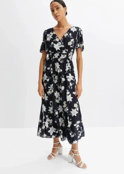 bonprix Bekleidung·Pullover & Strickjacken|Kleider^Maxikleid dunkelblau lilien-blüten