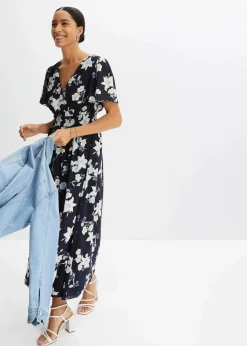 bonprix Bekleidung·Pullover & Strickjacken|Kleider^Maxikleid dunkelblau lilien-blüten