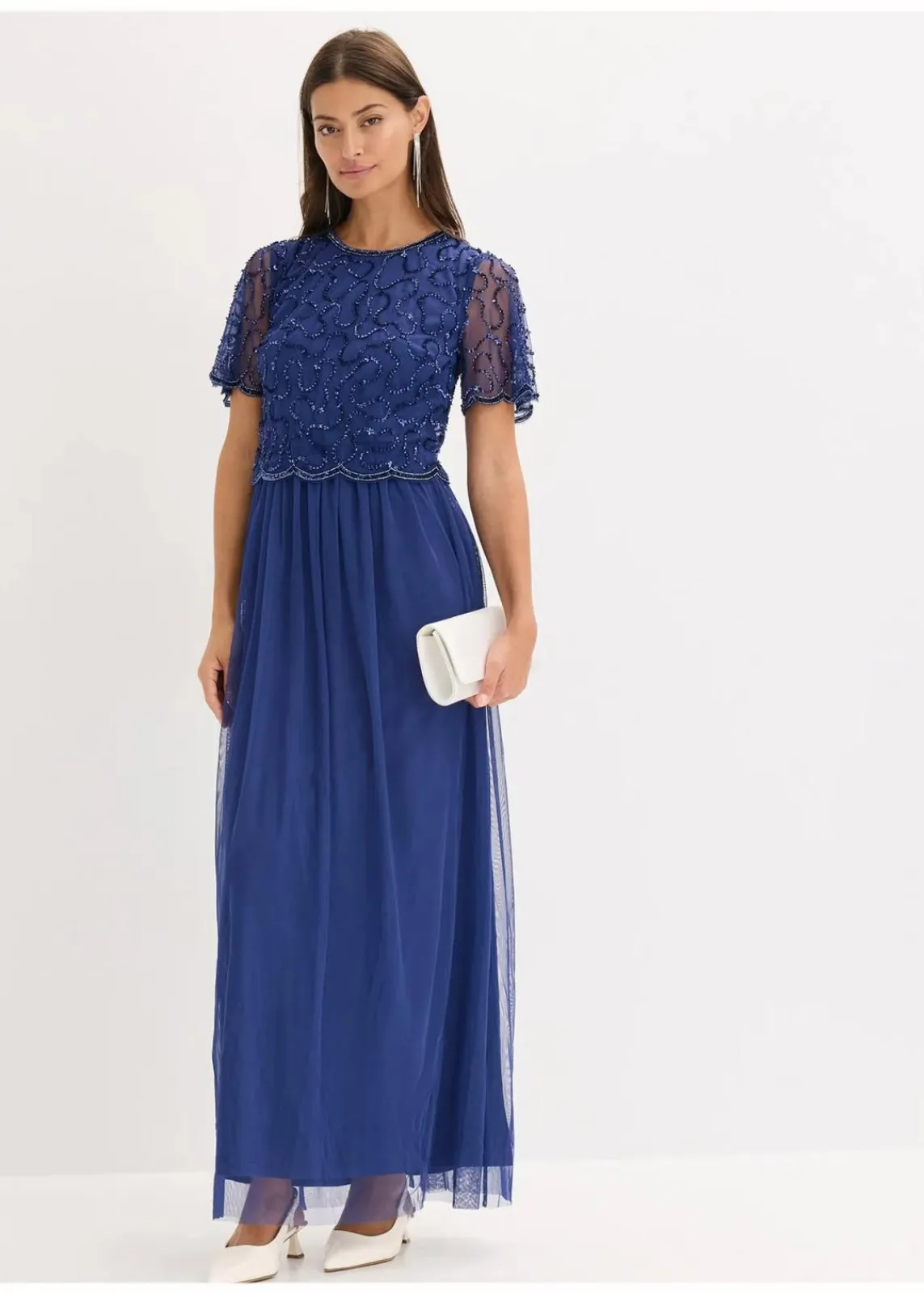 bonprix Bekleidung·Pullover & Strickjacken|Festliche Mode^Maxikleid aus feinem Tüll mit Paillettenstickerei mitternachtsblau