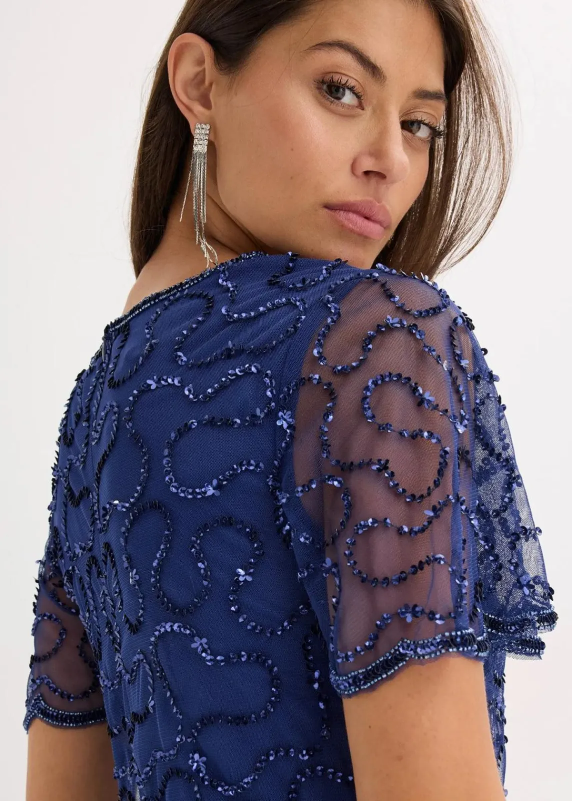 bonprix Bekleidung·Pullover & Strickjacken|Festliche Mode^Maxikleid aus feinem Tüll mit Paillettenstickerei mitternachtsblau