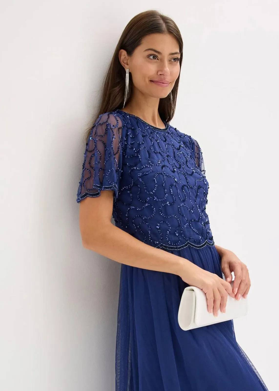bonprix Bekleidung·Pullover & Strickjacken|Festliche Mode^Maxikleid aus feinem Tüll mit Paillettenstickerei mitternachtsblau