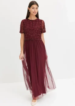 bonprix Kleider|Festliche Mode^Maxikleid aus feinem Tüll mit Paillettenstickerei dunkelrot