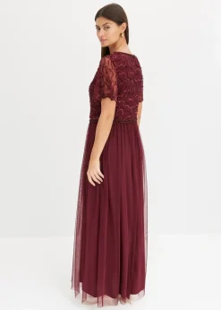 bonprix Kleider|Festliche Mode^Maxikleid aus feinem Tüll mit Paillettenstickerei dunkelrot
