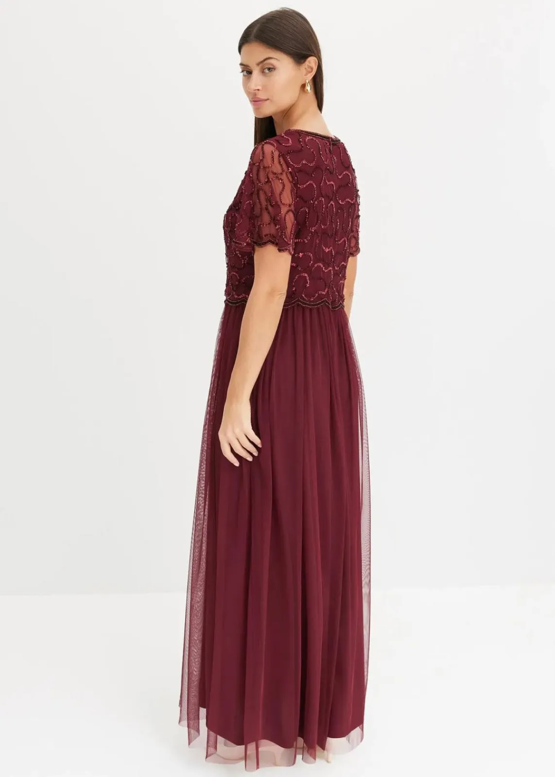 bonprix Kleider|Festliche Mode^Maxikleid aus feinem Tüll mit Paillettenstickerei dunkelrot