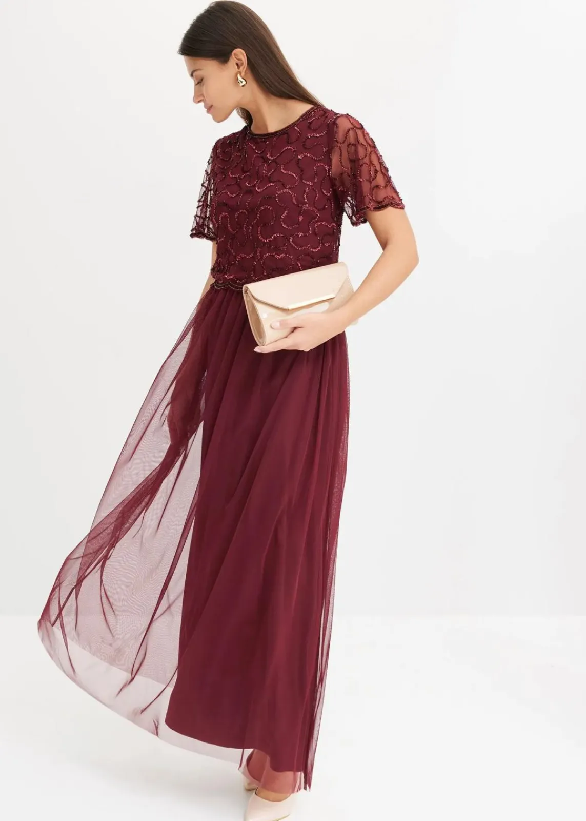 bonprix Kleider|Festliche Mode^Maxikleid aus feinem Tüll mit Paillettenstickerei dunkelrot