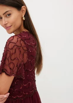 bonprix Kleider|Festliche Mode^Maxikleid aus feinem Tüll mit Paillettenstickerei dunkelrot