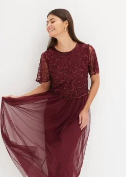 bonprix Kleider|Festliche Mode^Maxikleid aus feinem Tüll mit Paillettenstickerei dunkelrot