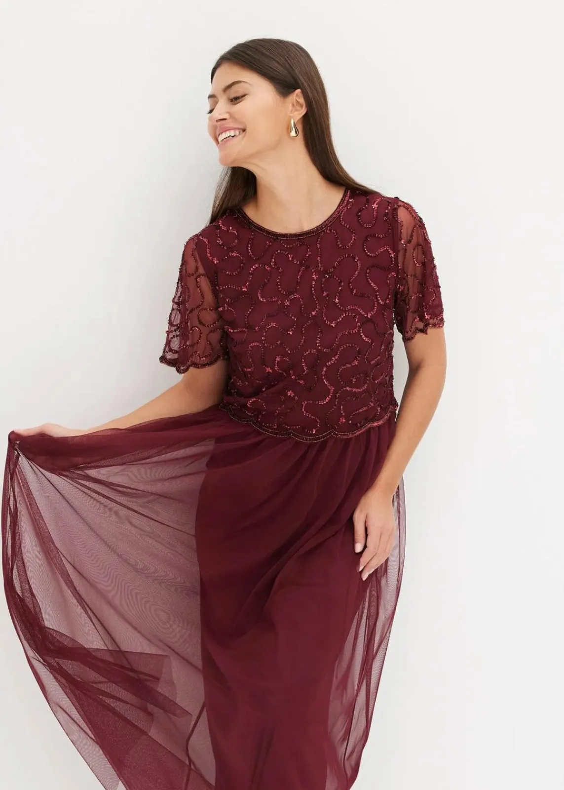 bonprix Kleider|Festliche Mode^Maxikleid aus feinem Tüll mit Paillettenstickerei dunkelrot