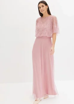 bonprix Bekleidung·Pullover & Strickjacken|Festliche Mode^Maxikleid aus feinem Tüll mit Paillettenstickerei pink