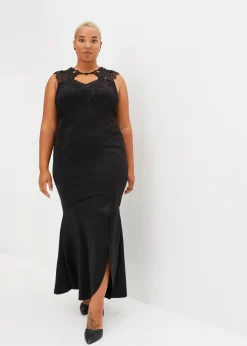 bonprix Kleider|Festliche Mode^Maxikleid aus fester Scuba-Qualität mit Spitze schwarz