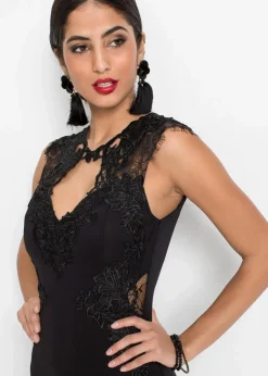 bonprix Kleider|Festliche Mode^Maxikleid aus fester Scuba-Qualität mit Spitze schwarz