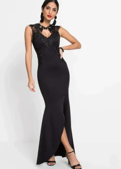 bonprix Kurzgrößen|Kurzgrößen^Maxikleid aus fester Scuba-Qualität mit Spitze schwarz