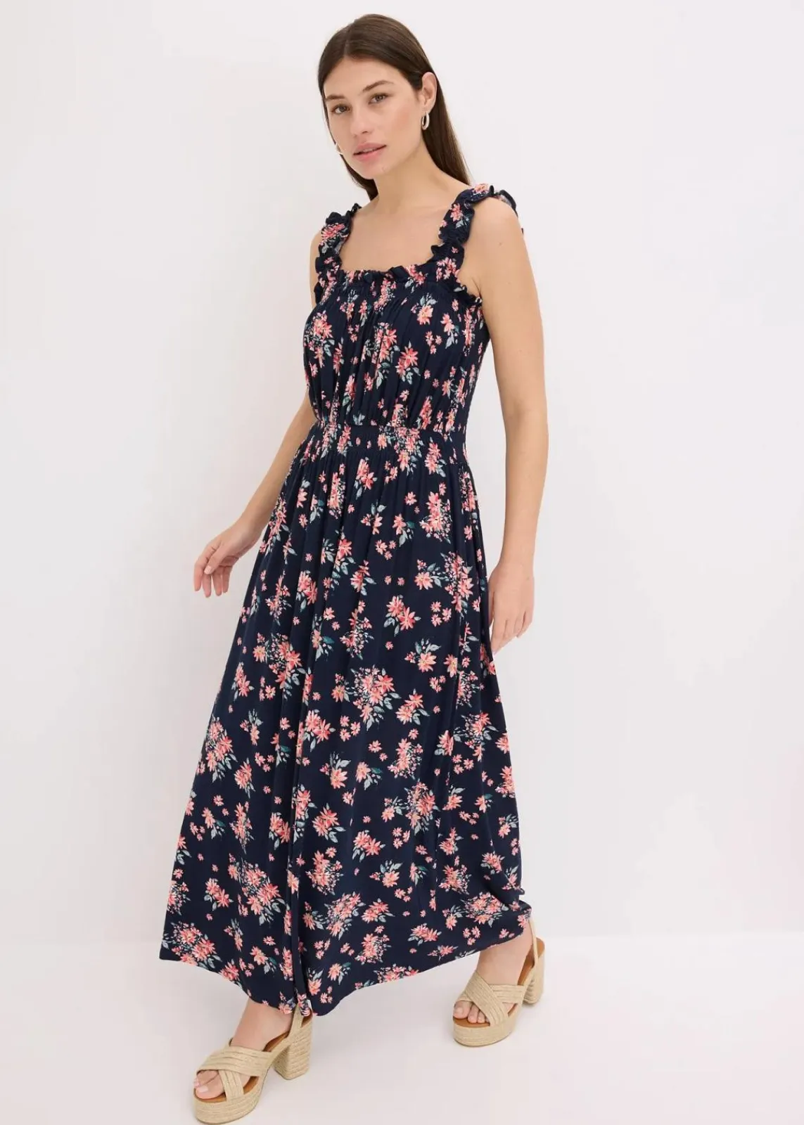 bonprix Nachhaltigere Materialien|Kleider^Maxikleid aus fließendem Viskose-Mix dunkelblau geblümt