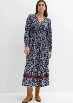 bonprix Bekleidung·Pullover & Strickjacken|Kleider^Maxikleid aus fließender Viskose dunkelblau/wollweiß/kastanienrot/meerestürkis/schwarz bedruckt