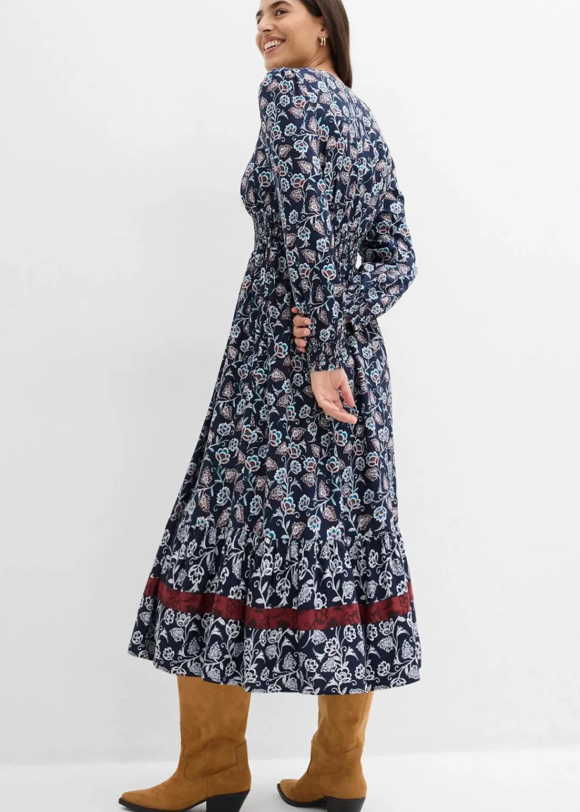 bonprix Bekleidung·Pullover & Strickjacken|Kleider^Maxikleid aus fließender Viskose dunkelblau/wollweiß/kastanienrot/meerestürkis/schwarz bedruckt