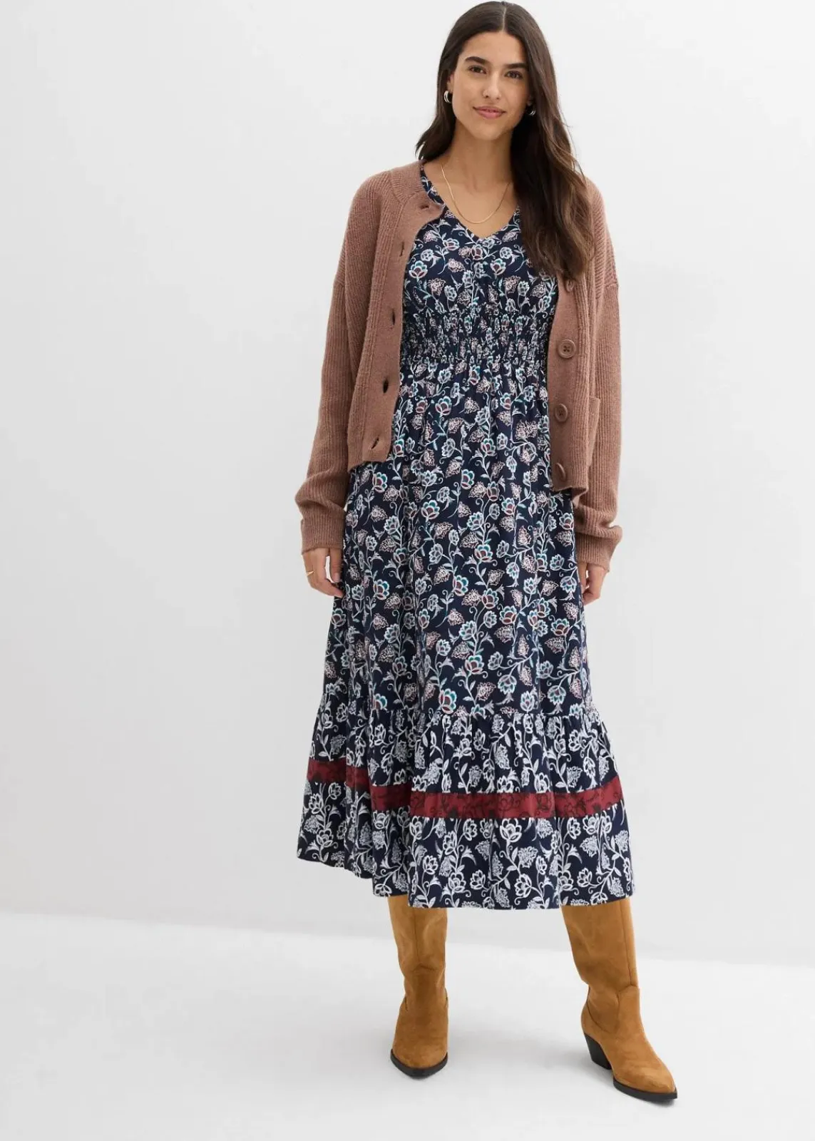 bonprix Bekleidung·Pullover & Strickjacken|Kleider^Maxikleid aus fließender Viskose dunkelblau/wollweiß/kastanienrot/meerestürkis/schwarz bedruckt