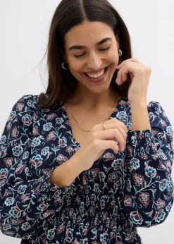 bonprix Bekleidung·Pullover & Strickjacken|Kleider^Maxikleid aus fließender Viskose dunkelblau/wollweiß/kastanienrot/meerestürkis/schwarz bedruckt