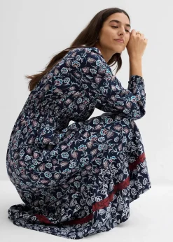 bonprix Bekleidung·Pullover & Strickjacken|Kleider^Maxikleid aus fließender Viskose dunkelblau/wollweiß/kastanienrot/meerestürkis/schwarz bedruckt