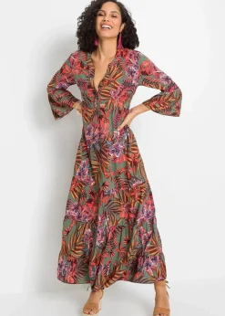 bonprix Nachhaltigere Materialien|Kleider^Maxikleid aus fließender Viskose oliv/rot geblümt